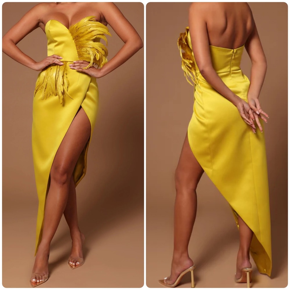 Fashion Nova Luxe Womens Jacqueline Feather Asymmetrical Maxi Dress Chartreuse M